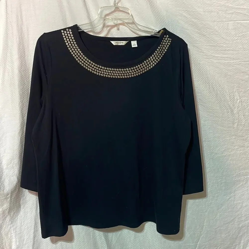 Liz Claiborne 2x black gold studded scoop neckline 3/4 sleeve vintage euc